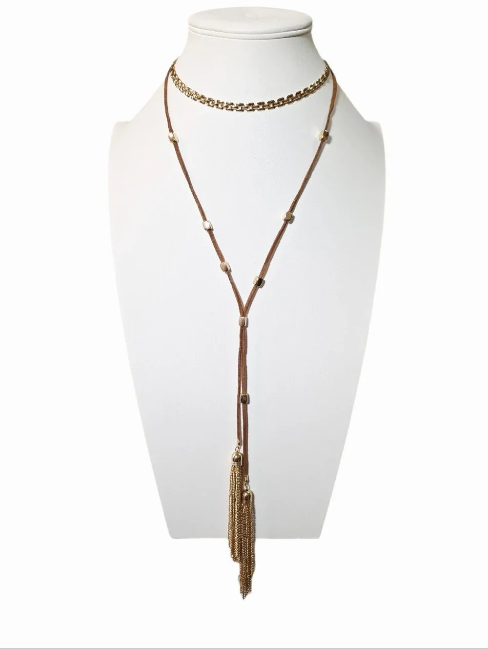 Layered Brown Suede and Gold Tassel Choker Lariat Necklace